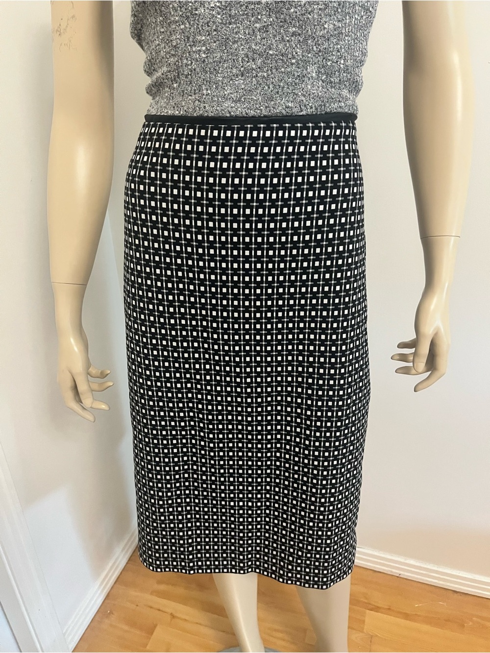 Express Black and White Checked Knit Midi Skirt